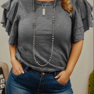 Elegant Gray Ruffle Sleeve Top